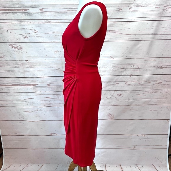 Vintage Tadashi Shoji Asymmetrical Ruched Faux Wrap Surplice Stretch Dress - Picture 3 of 10